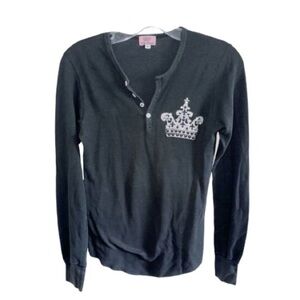Yvette Mandell Black Crown Henley Sz Small Embellished Rhinestones Thermal